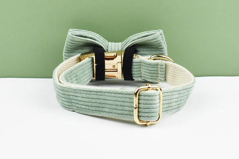 High Quality Light Green Corduroy Dog Collar, Harness & Leash Set – Personalized Engraved Nameplate, Padded