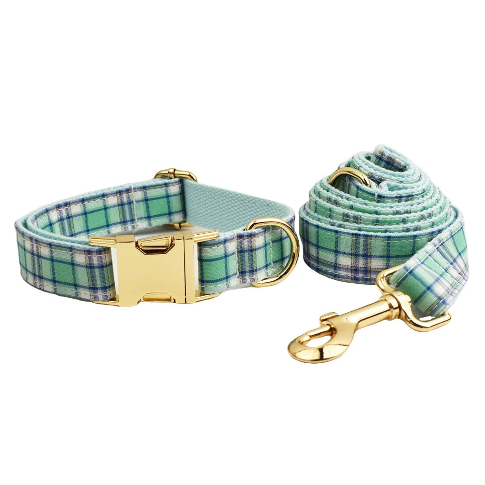 Multi Plaid Personalized Dog Bowtie Collar, Leash Set And Harness Set - Engravable Best Gift For Dog Lover