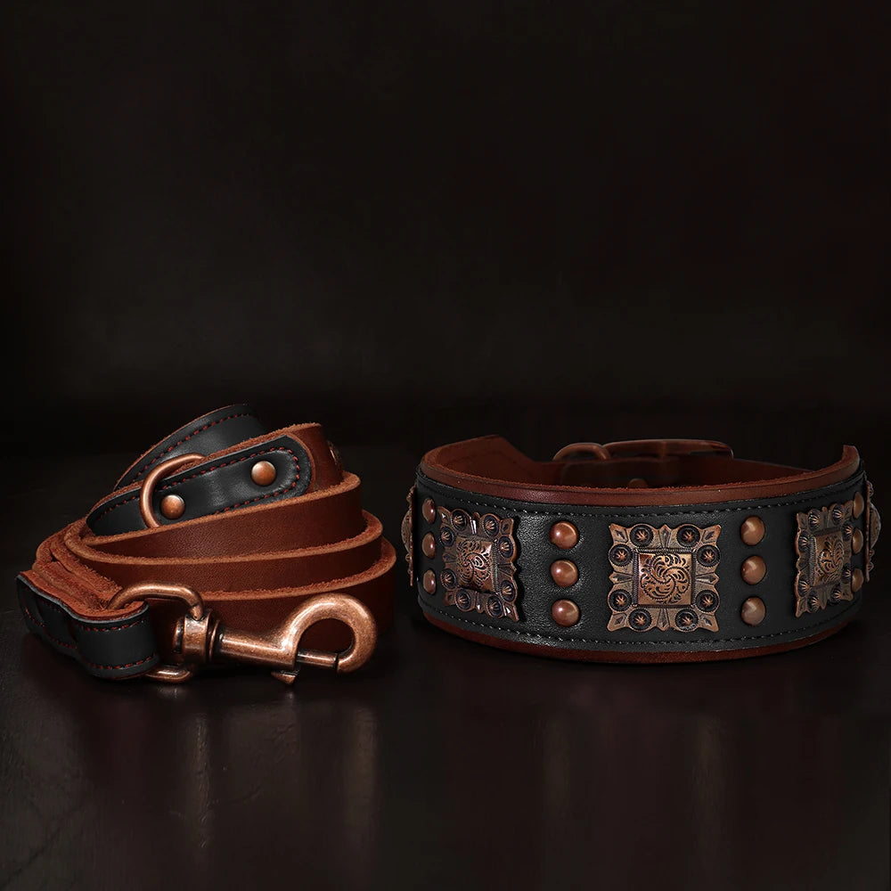 Real Leather Dog Collar & Leash Set – Durable Padded Luxury Design for Medium & Large Dogs