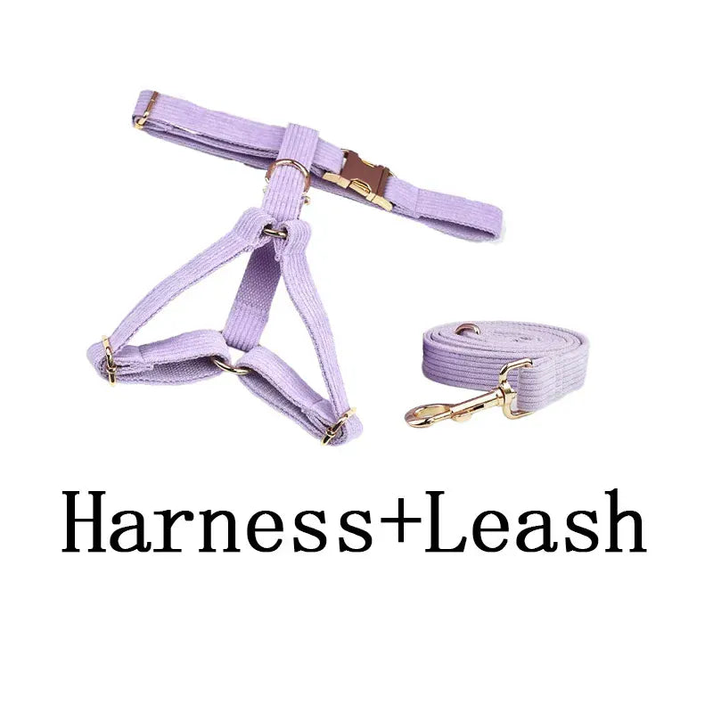 Purple Corduroy Dog Collar Leash and Harness Set
