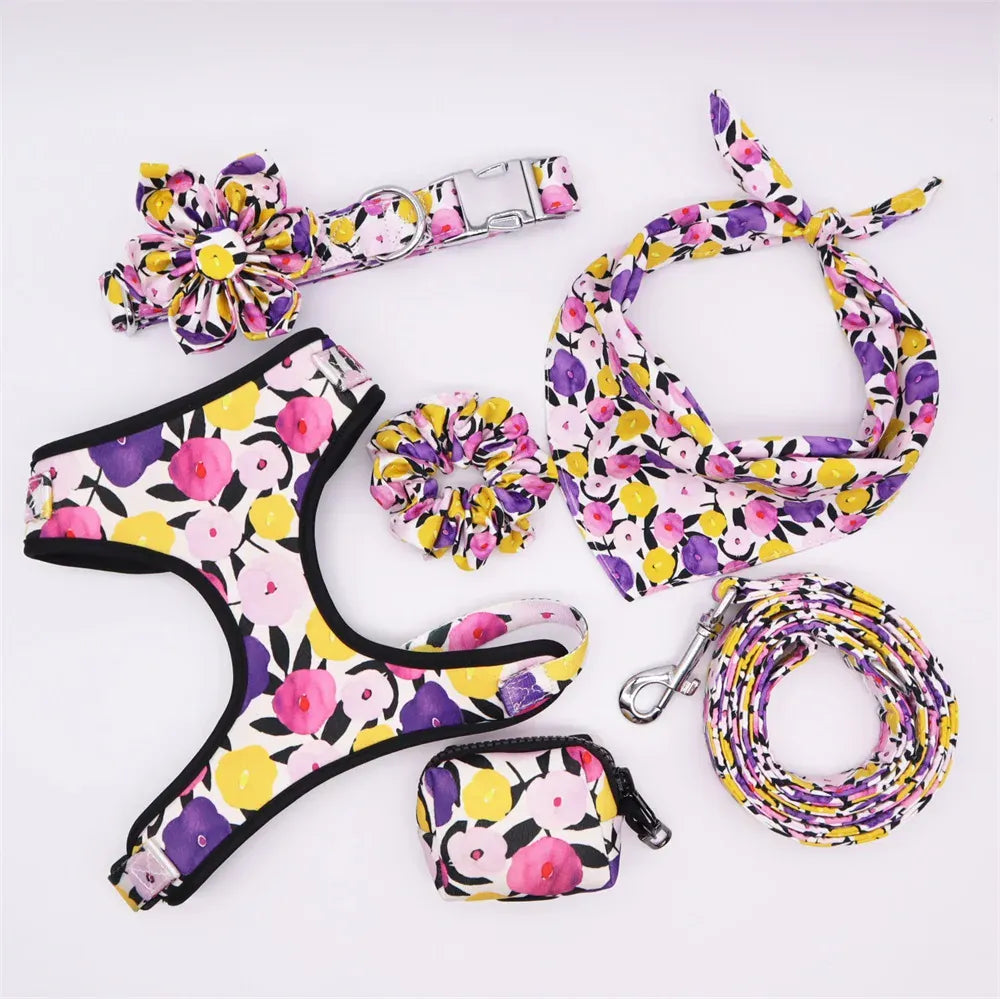 DDPaws  Floral Customized Dog Collar Flower Leash with Matching Harness,banandana,poo bag set for your pet