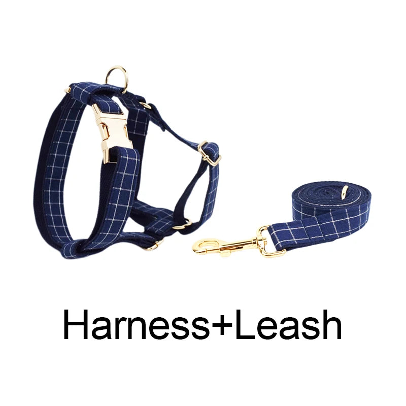 Grid Dark Blue Personalized Dog Collar, Leash & Harness Set