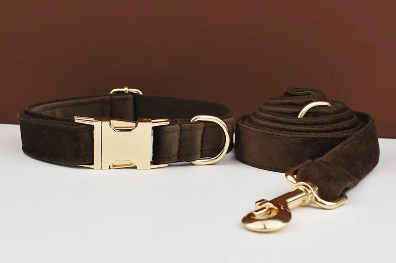 Dark Brown Velvet Personalized Dog Collar, Leash & Harness Set