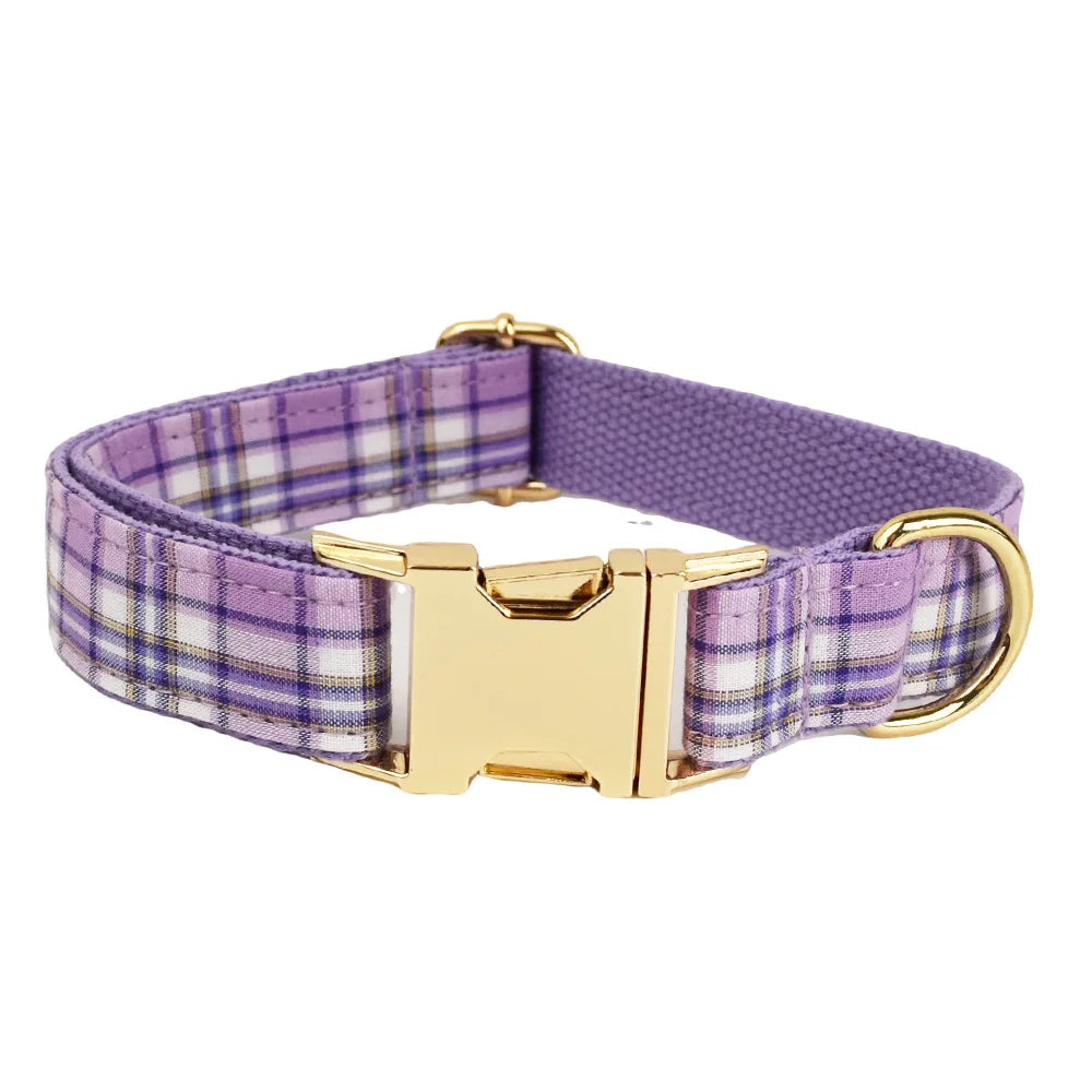 Multi Plaid Personalized Dog Bowtie Collar, Leash Set And Harness Set - Engravable Best Gift For Dog Lover