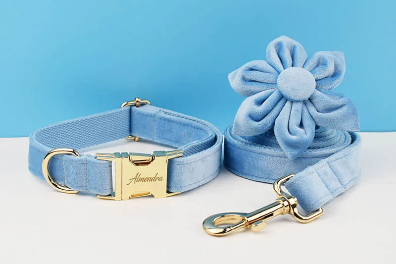 Blue Velvet Personalized Dog Collar, Leash & Harness Set