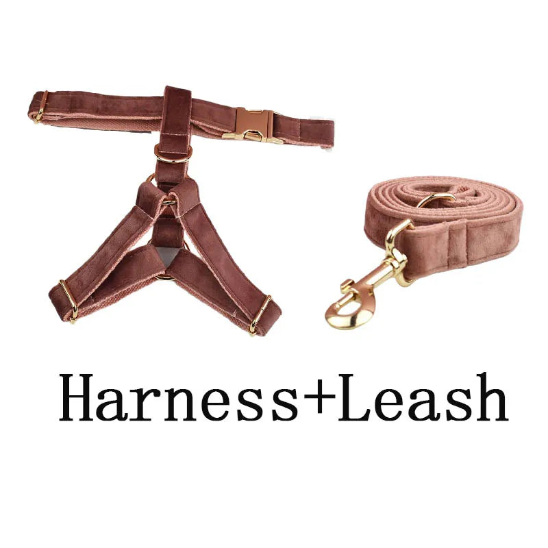 Pink Velvet Personalized Dog Collar, Leash & Harness Set