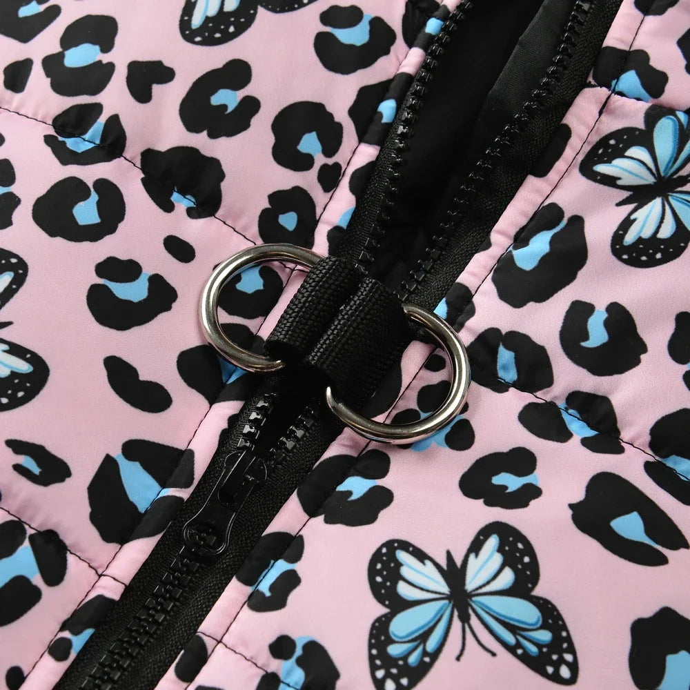 Leopard Print Winter Dog Jacket – Warm, Windproof & Stylish with D-Ring Design