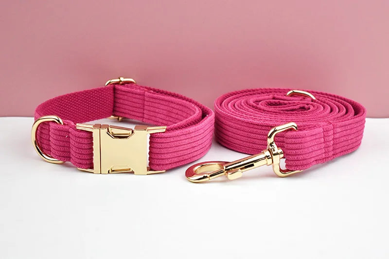 Mei Red Corduroy Personalized Dog Collar, Leash & Harness Set