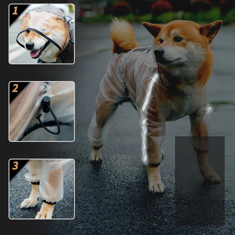 Transparent Hooded Dog Raincoat – Full-Body Waterproof PU Jacket for All Breeds