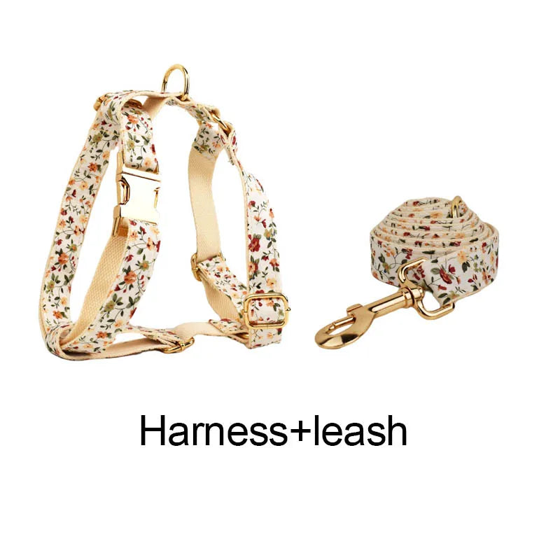 Luxury Flower Soft Cotton Personalized Dog Collar, Leash & Harness Set