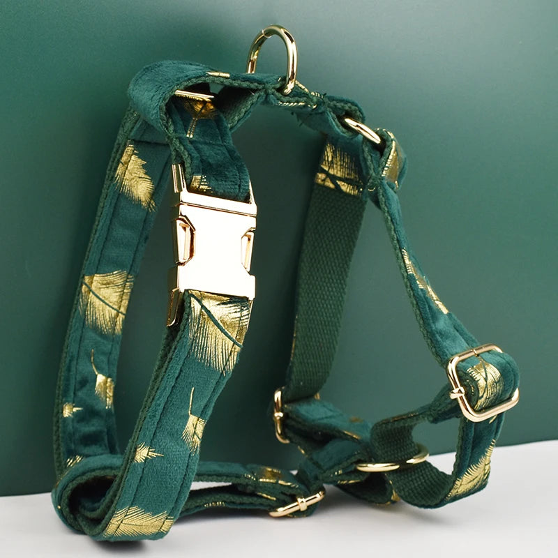 Green feather velvet  Personalized Dog Collar, Leash & Harness Set