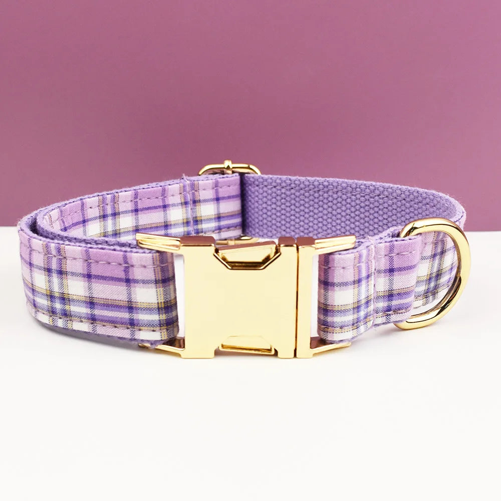 Multi Plaid Personalized Dog Bowtie Collar, Leash Set And Harness Set - Engravable Best Gift For Dog Lover