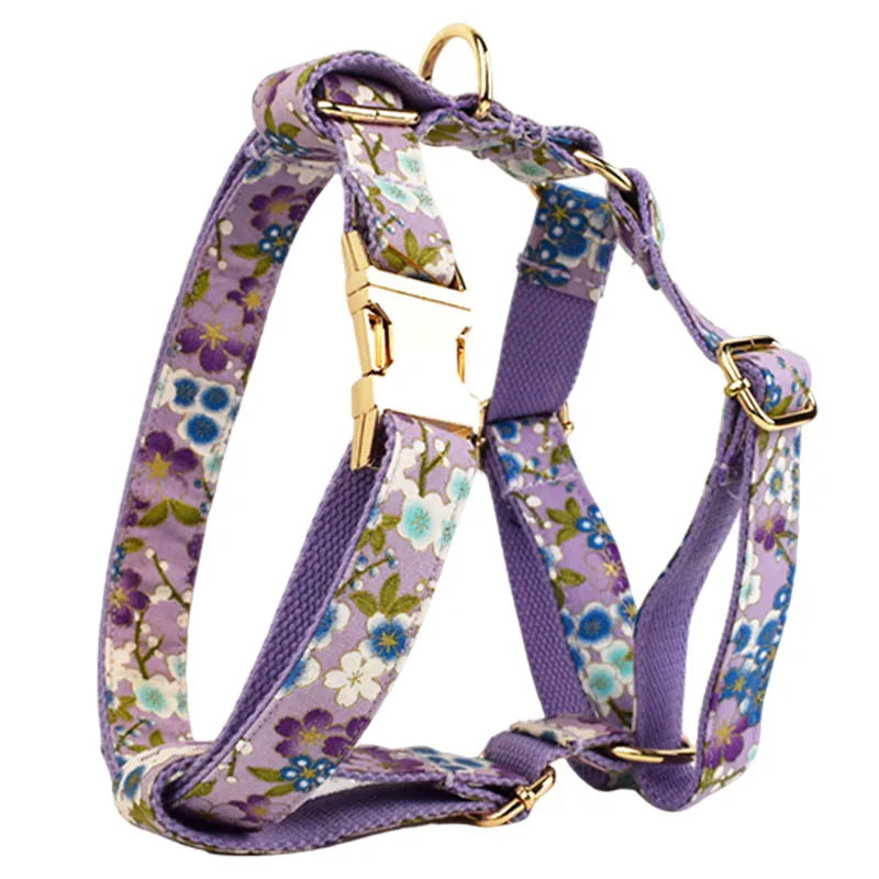 Purple Soft Cotton Personalized Dog Collar, Leash & Harness Set