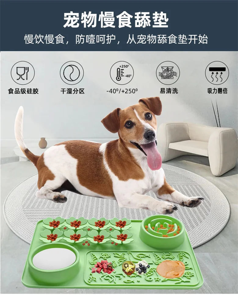 Silicone Dual Slow Feeder Bowl – Anti-Slip Suction Cup Pet Feeding Mat