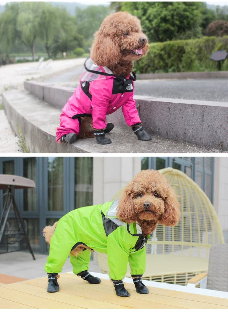 Transparent Hooded Dog Raincoat – Full-Body Waterproof Jumpsuit for All Breeds