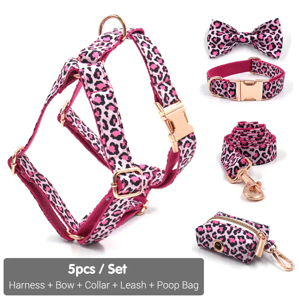 DDPaws  Collar + Harness + Leash + Bowtie + Poop Bag / XS Pink Leopard Velvet Set