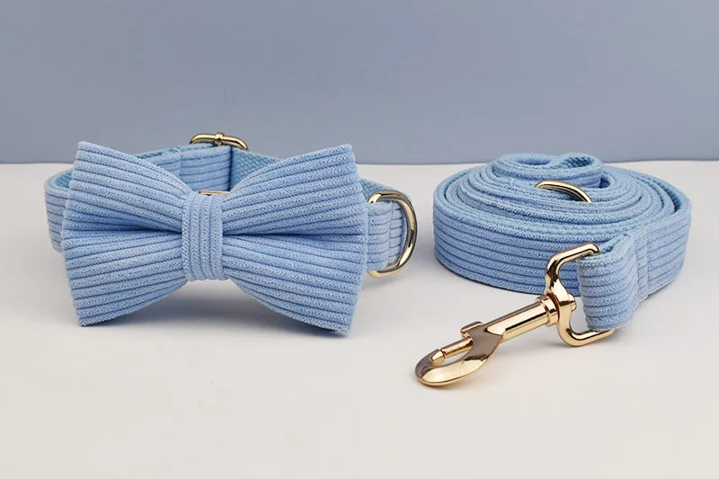 Blue Corduroy Personalized Dog Collar, Leash & Harness Set