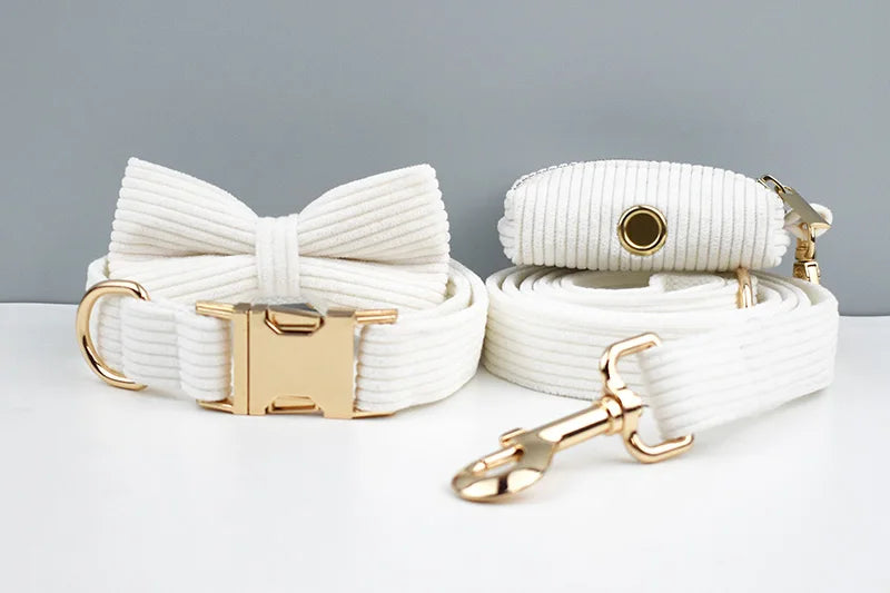 White Corduroy Personalized Dog Collar, Leash & Harness Set