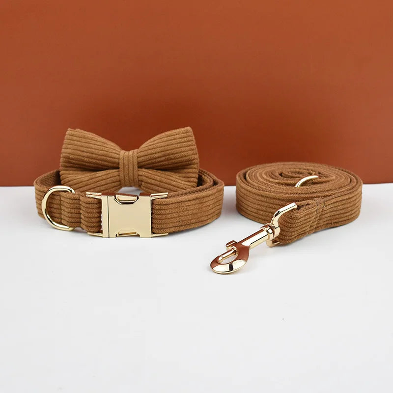 Caramel Corduroy Personalized Dog Collar, Leash & Harness Set