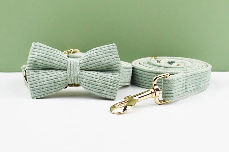 High Quality Light Green Corduroy Dog Collar, Harness & Leash Set – Personalized Engraved Nameplate, Padded