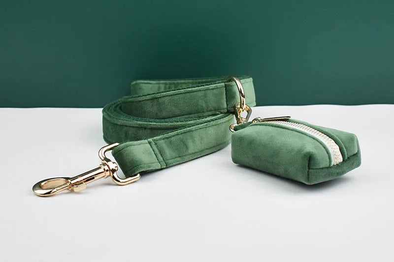 Forest Green Velvet Personalized Dog Collar, Leash & Harness Set