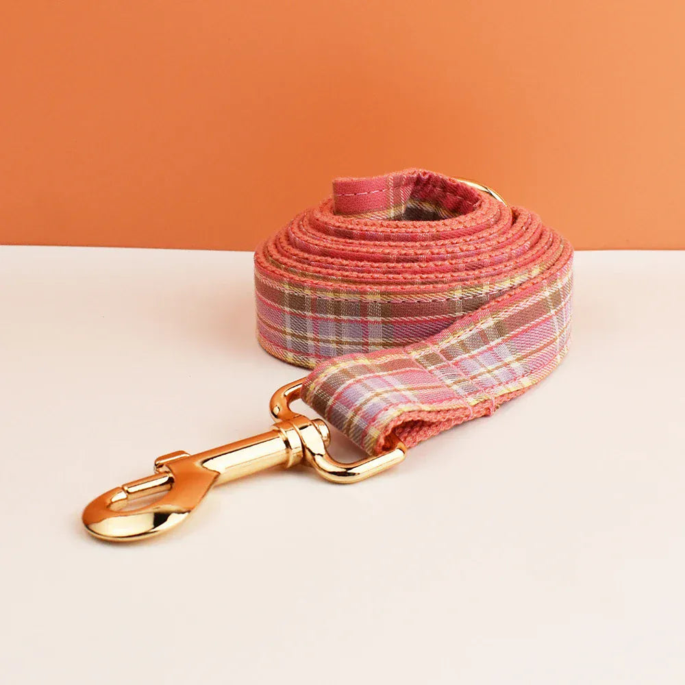 Engraved Plaid Pink Dog Collar Leash Harness Set