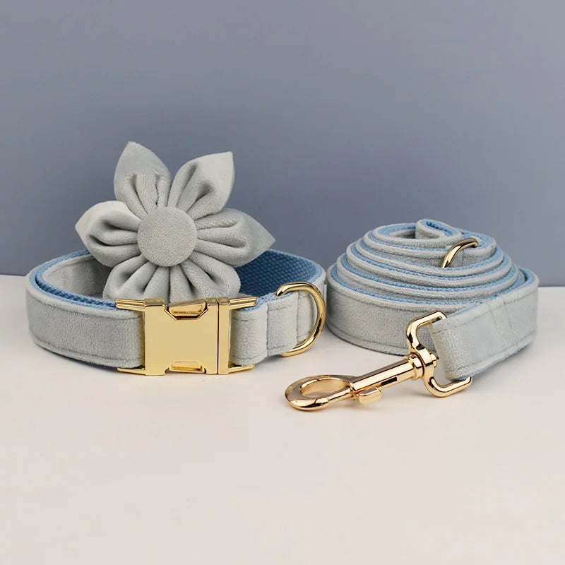 Light Blue Velve Personalized Dog Collar, Leash & Harness Set