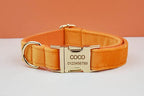 Orange Velvet Personalized Dog Collar, Leash & Harness Set