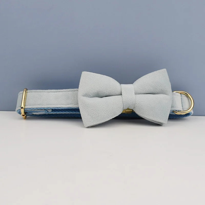 Light Blue Velve Personalized Dog Collar, Leash & Harness Set