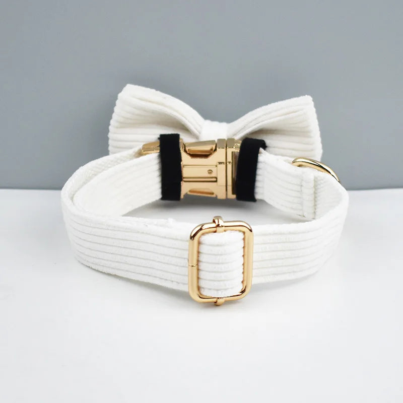 White Corduroy Personalized Dog Collar, Leash & Harness Set