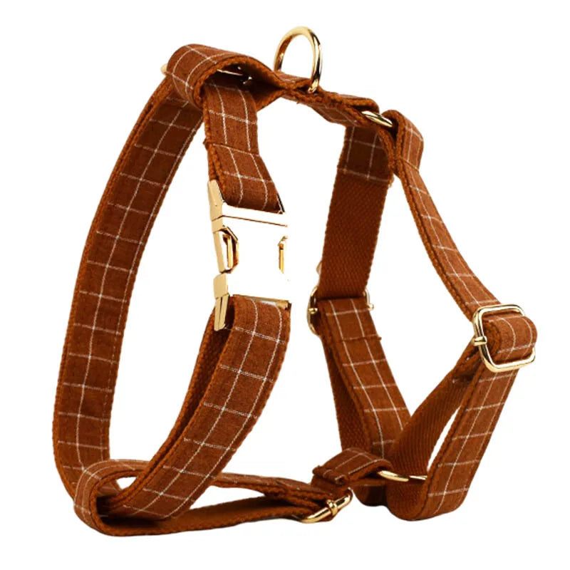 Brown Grid Personalized Dog Collar, Leash & Harness Set