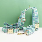 Lake Water Green Plaid Dog Collar Leash and Harness Set
