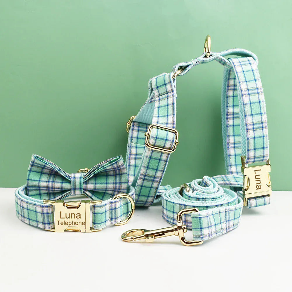 Lake Water Green Plaid Dog Collar Leash and Harness Set