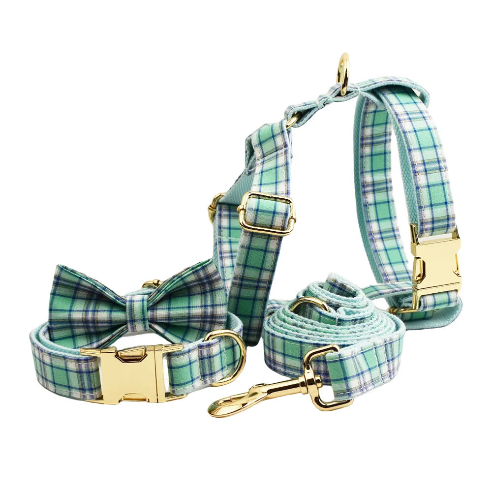 Multi Plaid Personalized Dog Bowtie Collar, Leash Set And Harness Set - Engravable Best Gift For Dog Lover