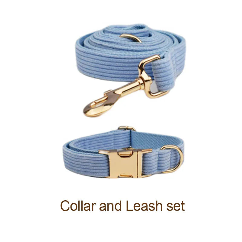Blue Corduroy Personalized Dog Collar, Leash & Harness Set