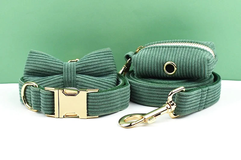 Dark Green Corduroy Personalized Dog Collar, Leash & Harness Set
