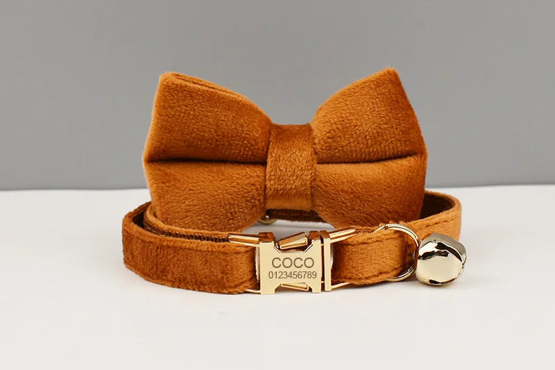Velvet Cat Collar Luxury Cat Collar Personalized with Name Plate Bell Bow tie