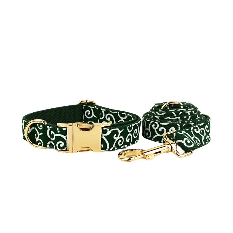 Green Soft Cotton Personalized Dog Collar, Leash & Harness Set