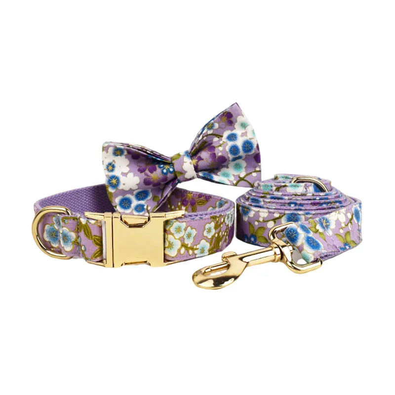 Purple Soft Cotton Personalized Dog Collar, Leash & Harness Set