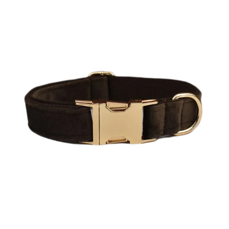 Dark Brown Velvet Personalized Dog Collar, Leash & Harness Set