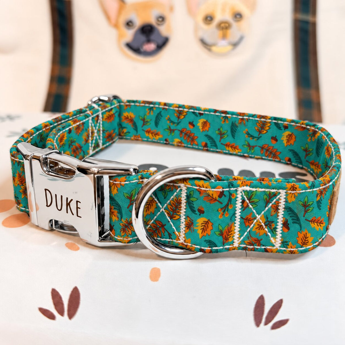 Designed Teal Autumn Leaves Dog Harness Set