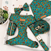 Designed Teal Autumn Leaves Dog Harness Set