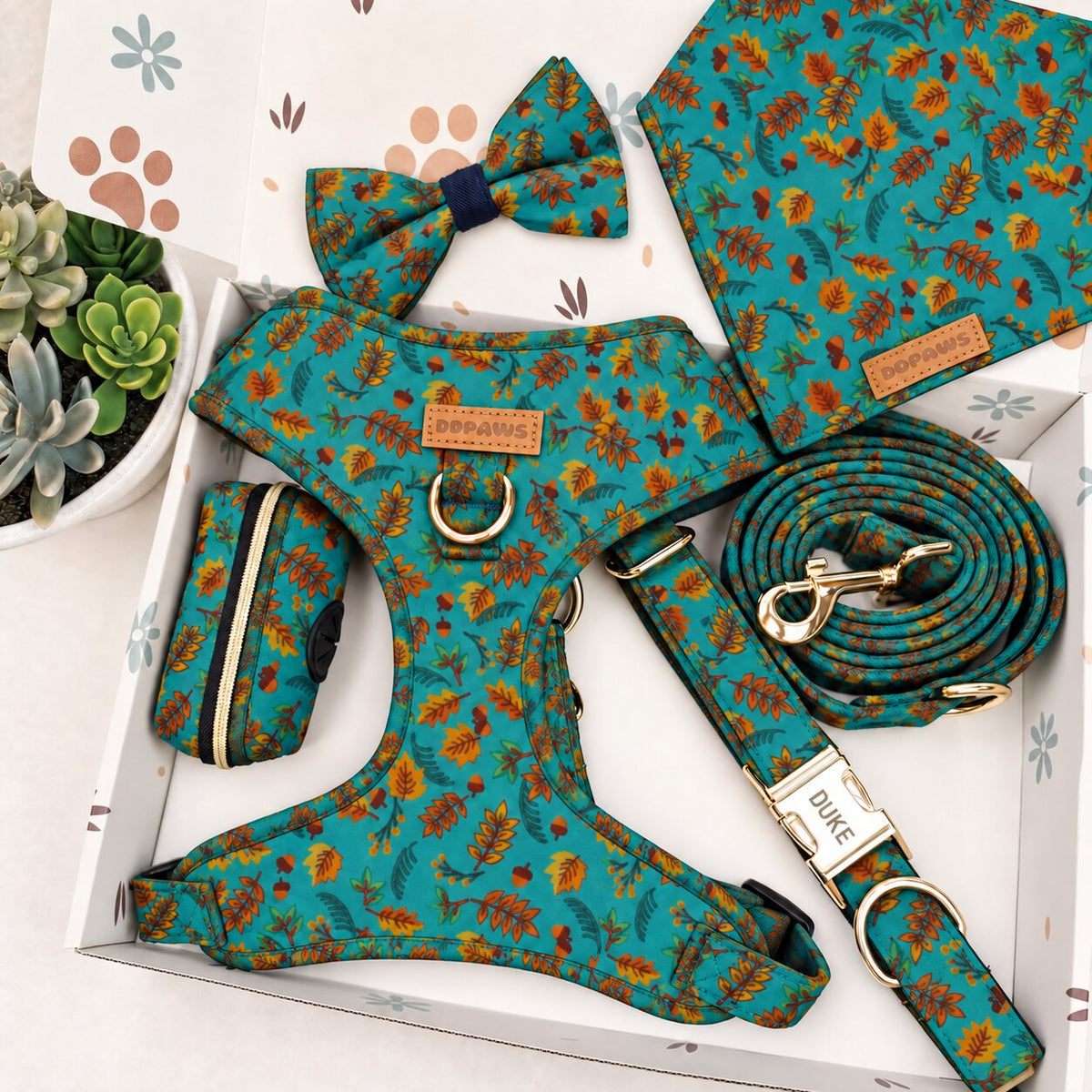 Designed Teal Autumn Leaves Dog Harness Set