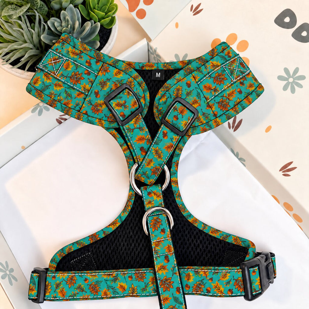 Designed Teal Autumn Leaves Dog Harness Set