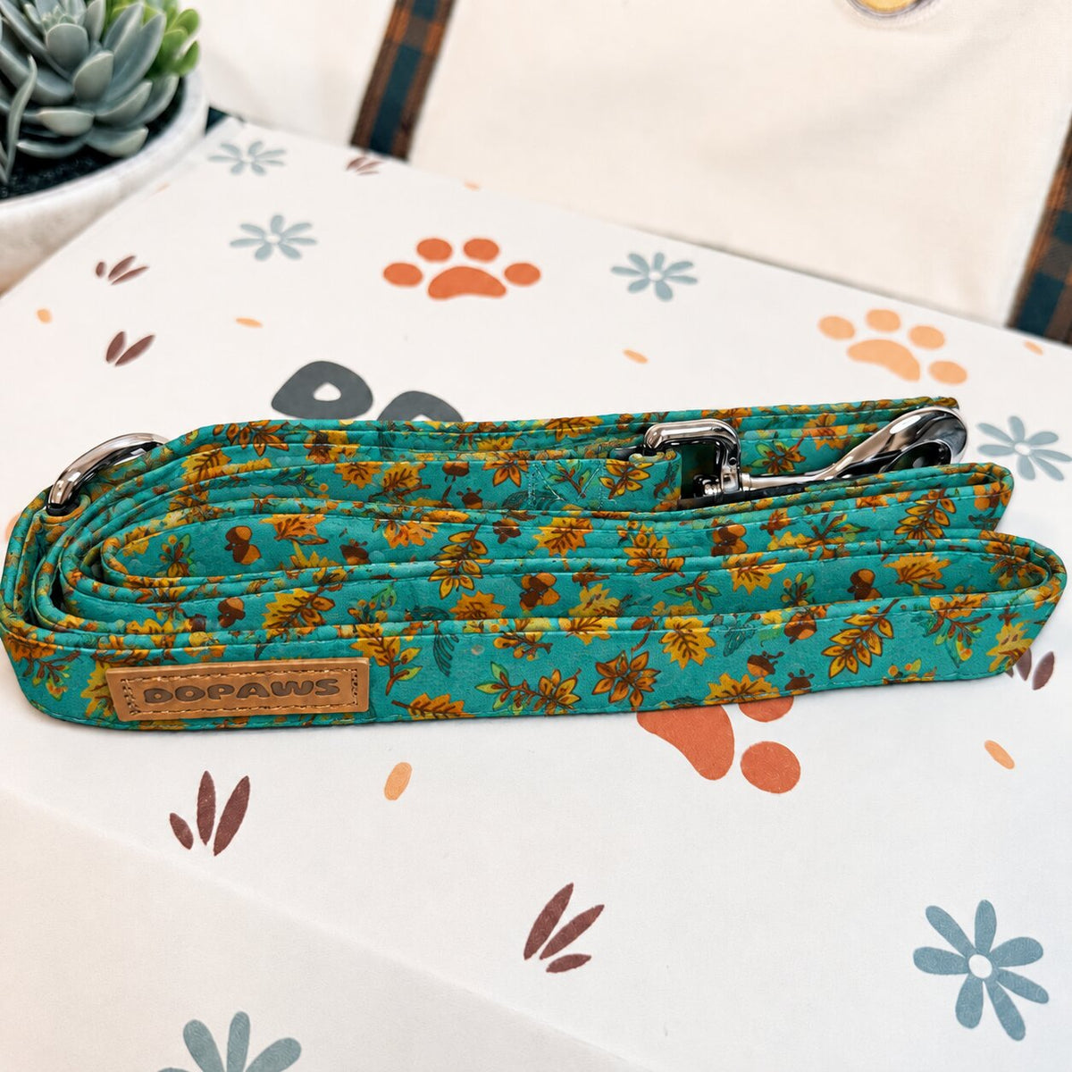 Designed Teal Autumn Leaves Dog Harness Set