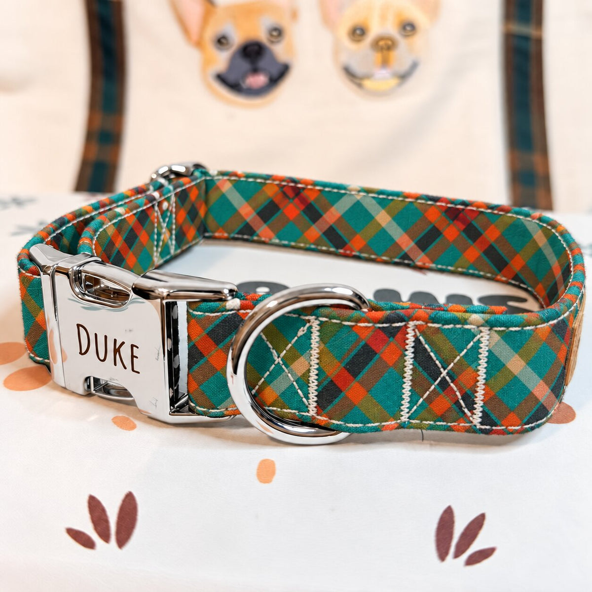 Designed Teal and Orange Plaid Dog Harness Set
