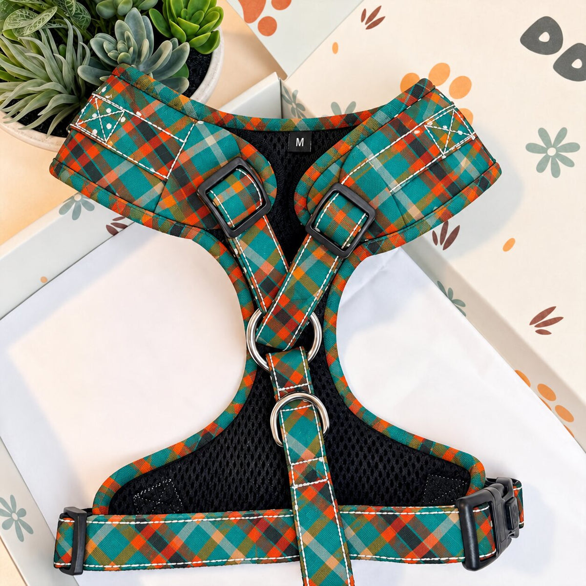 Designed Teal and Orange Plaid Dog Harness Set