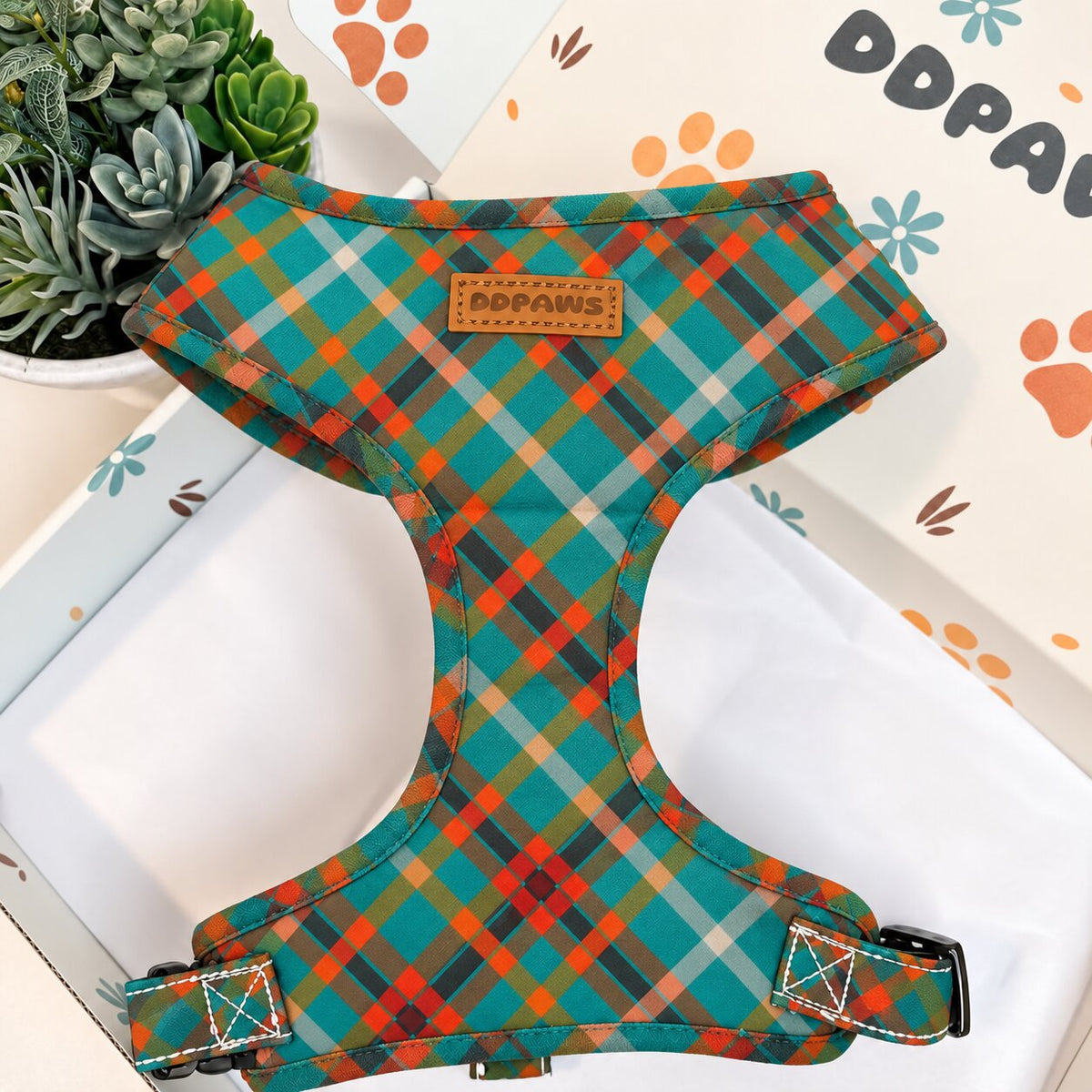 Designed Teal and Orange Plaid Dog Harness Set