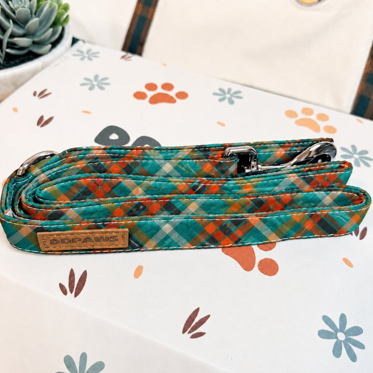 Designed Teal and Orange Plaid Dog Harness Set
