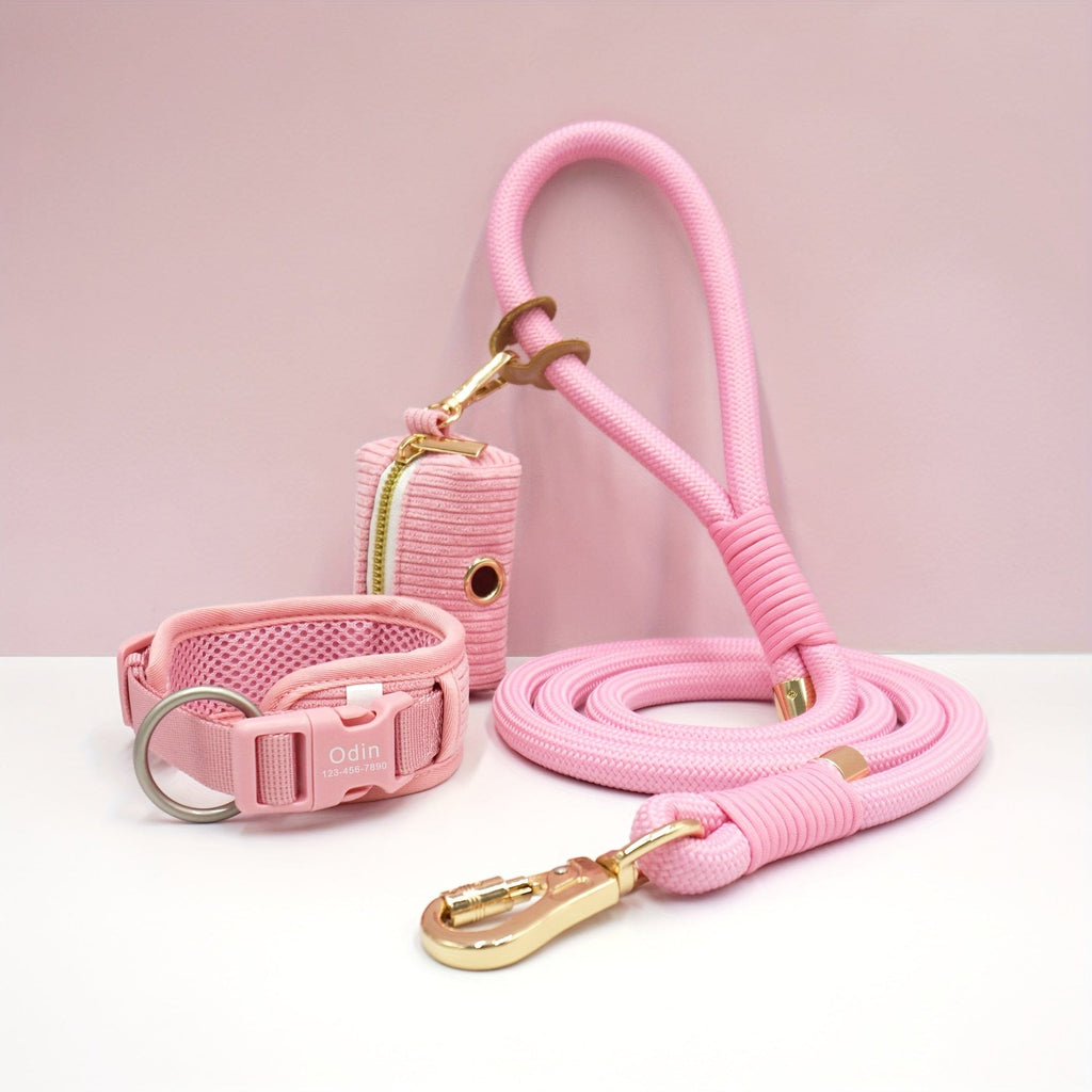 Personalized Light Weight Corduroy Dog Collar Rope Leash Set